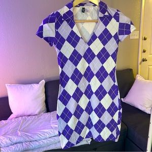 Purple plaid/checkered v neck mini dress